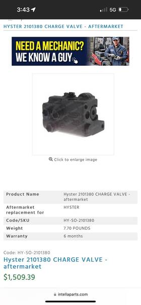 2101380 Hyster Charge Valve Forklift Accumulator