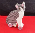 Folk Happy Cat Figurine Ft Tall 1970S Painted Wood Artisan, Rolling Wheels. Fixed Price $42.00.